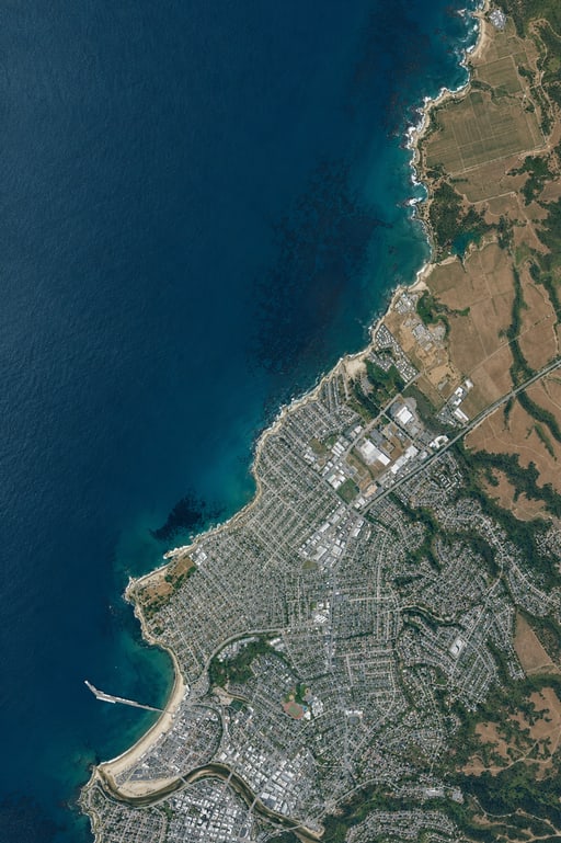 Aerial view of the Santa Cruz Westside coastline from Seymour through Natural Bridges, the Lane, Cowell, and the Wharf